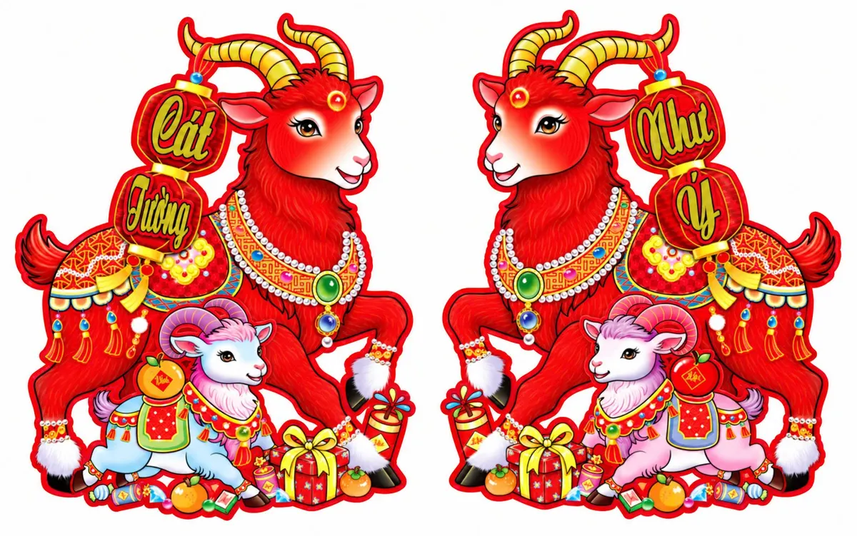 Dán cửa Đỏ 2 Dê Như Ý 6 Tấc 3099-X