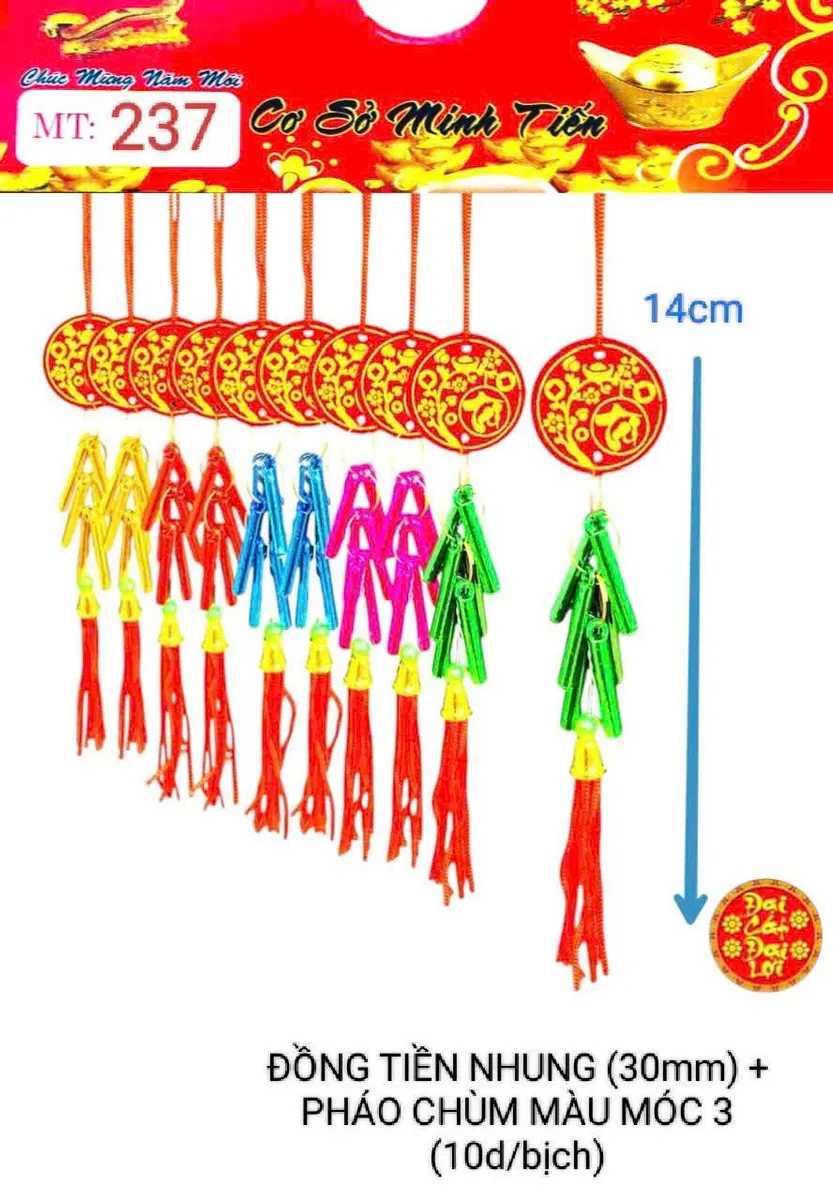 ĐỒNG TIỀN NHUNG (30mm) + PHÁO CHÙM MÀU MÓC 3