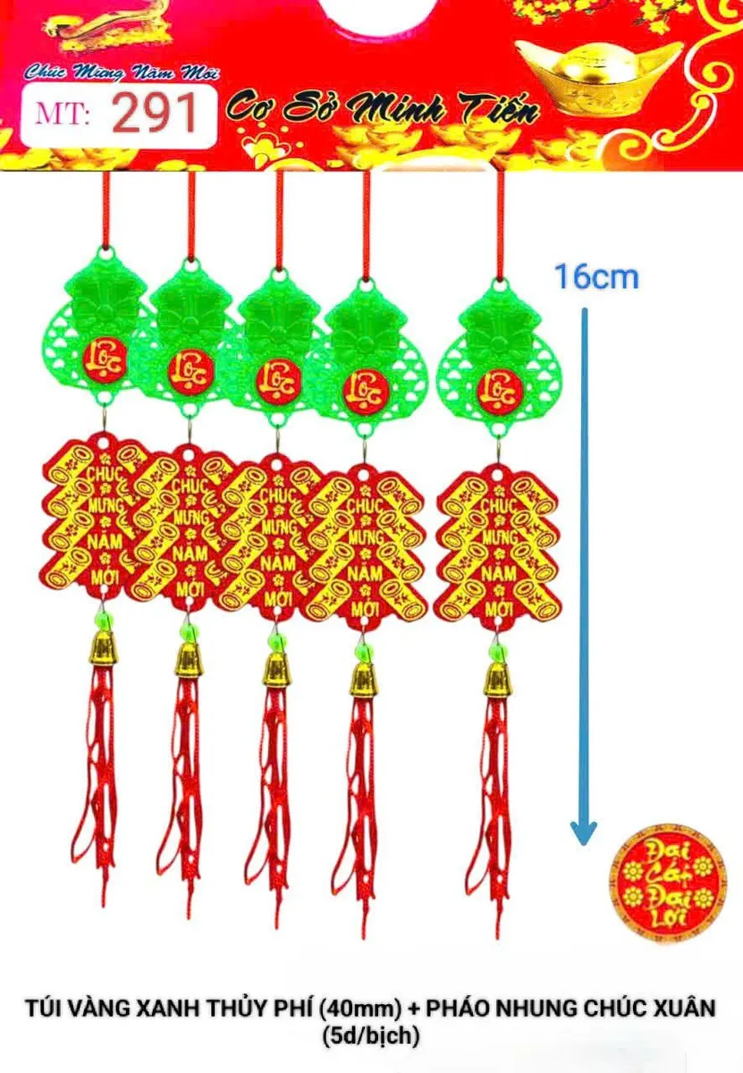 TÚI VÀNG XANH THỦY PHÍ (40mm) + PHÁO NHUNG CHÚC XUÂN